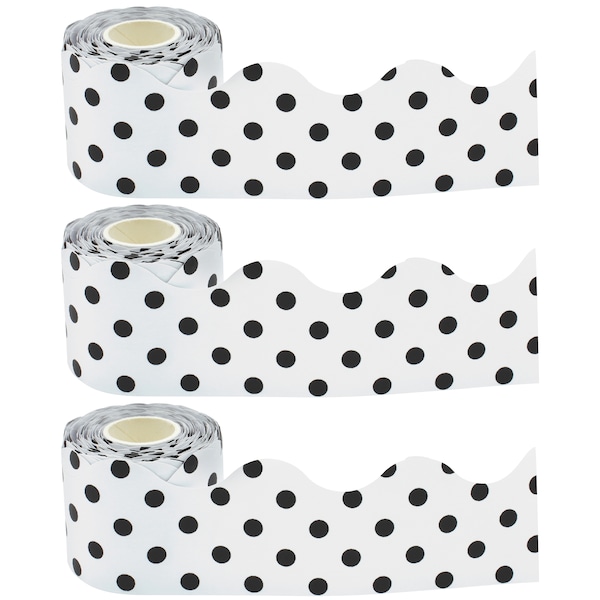 Teacher Created Resources Black Polka Dots on White Scalloped Rolled Border, 50 ft/Roll, PK3 TCR8946 - main